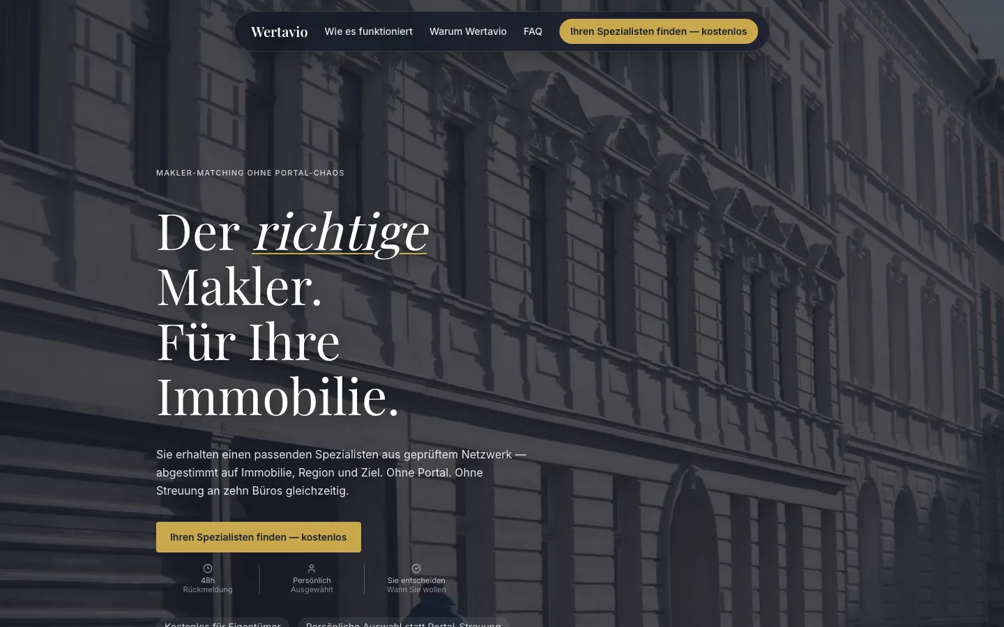 Wertavio Website Vorschau – Hero »Der richtige Makler. Für Ihre Immobilie«
